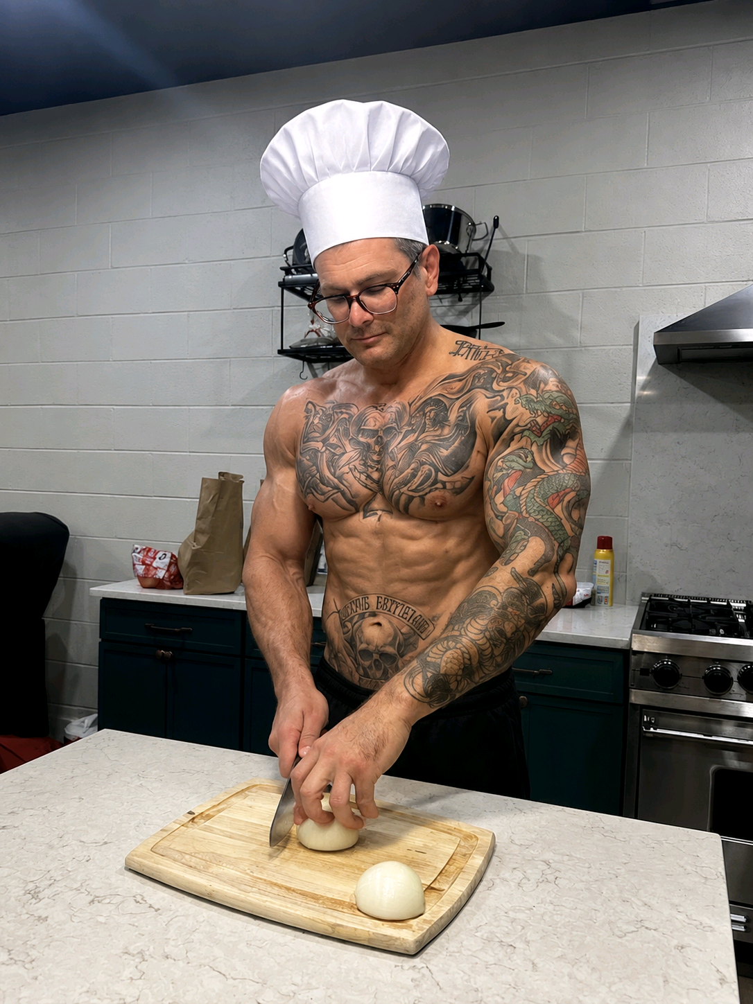 Chef Mario slicing onions